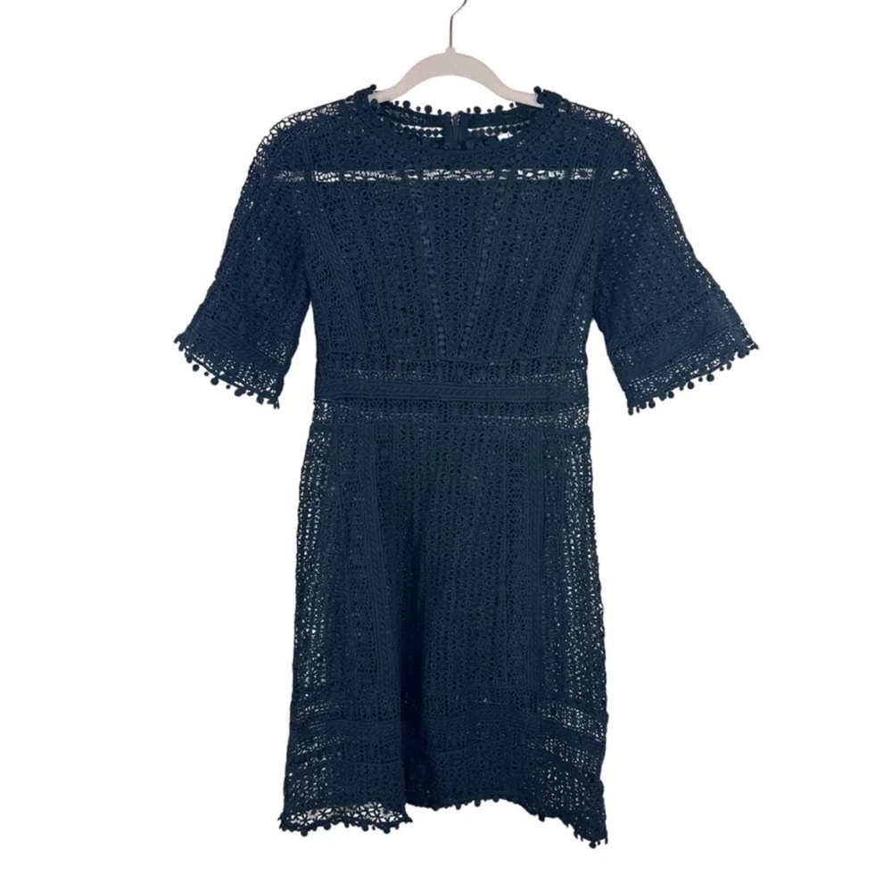 REBECCA TAYLOR womens size 0 black crochet short sleeve sheer sheath dress